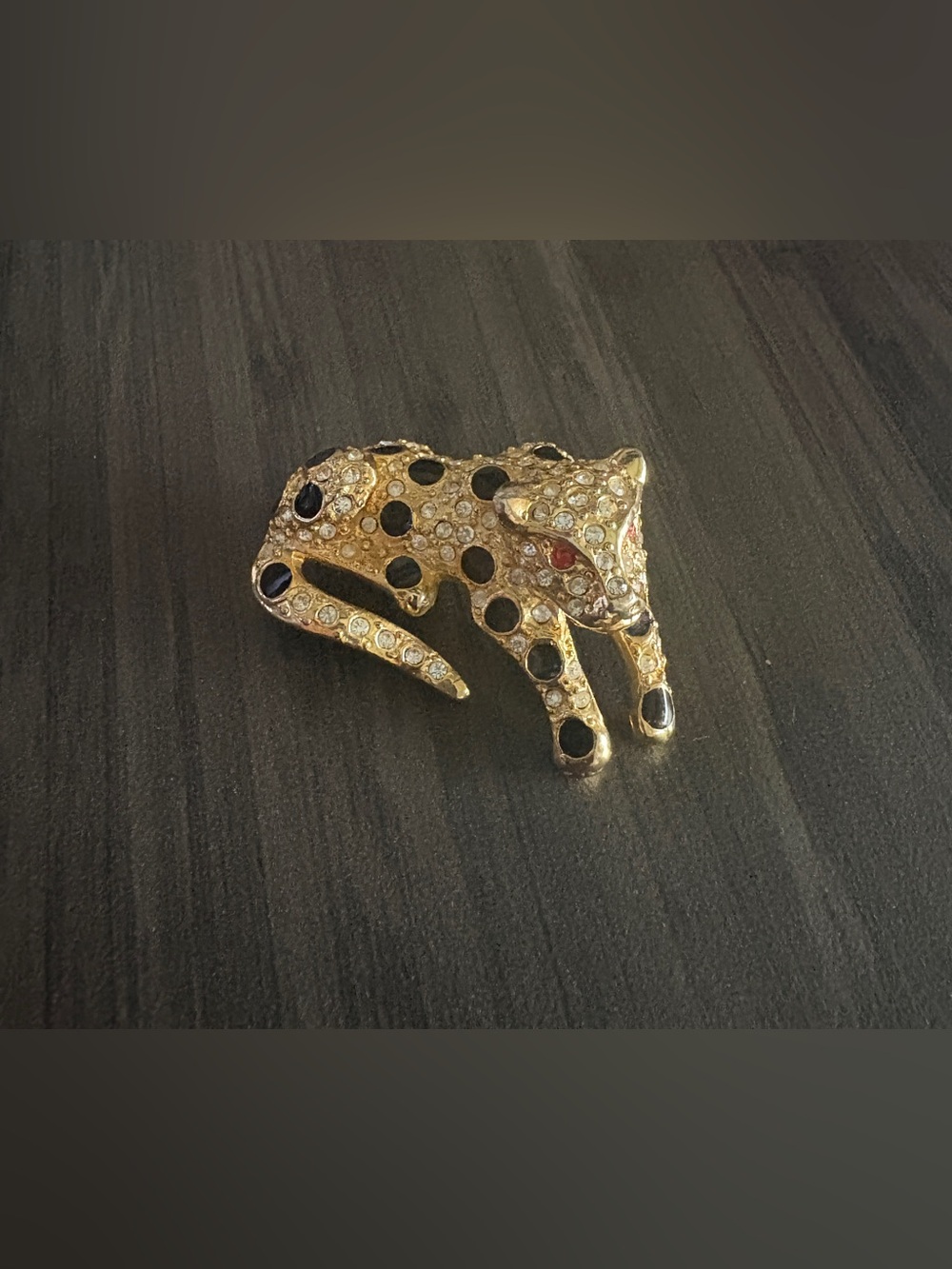 Vintage Gold Tone Rhinestone Leopard Cheetah Cat Brooch Pin Black Enamel
